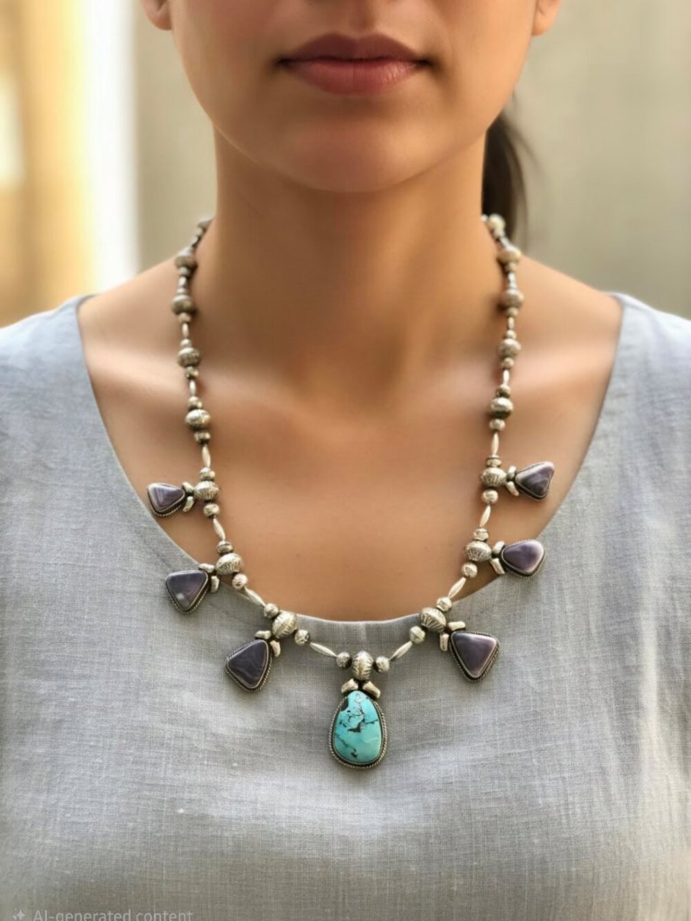 Vintage Native American Wampun and Turquoise Necklace